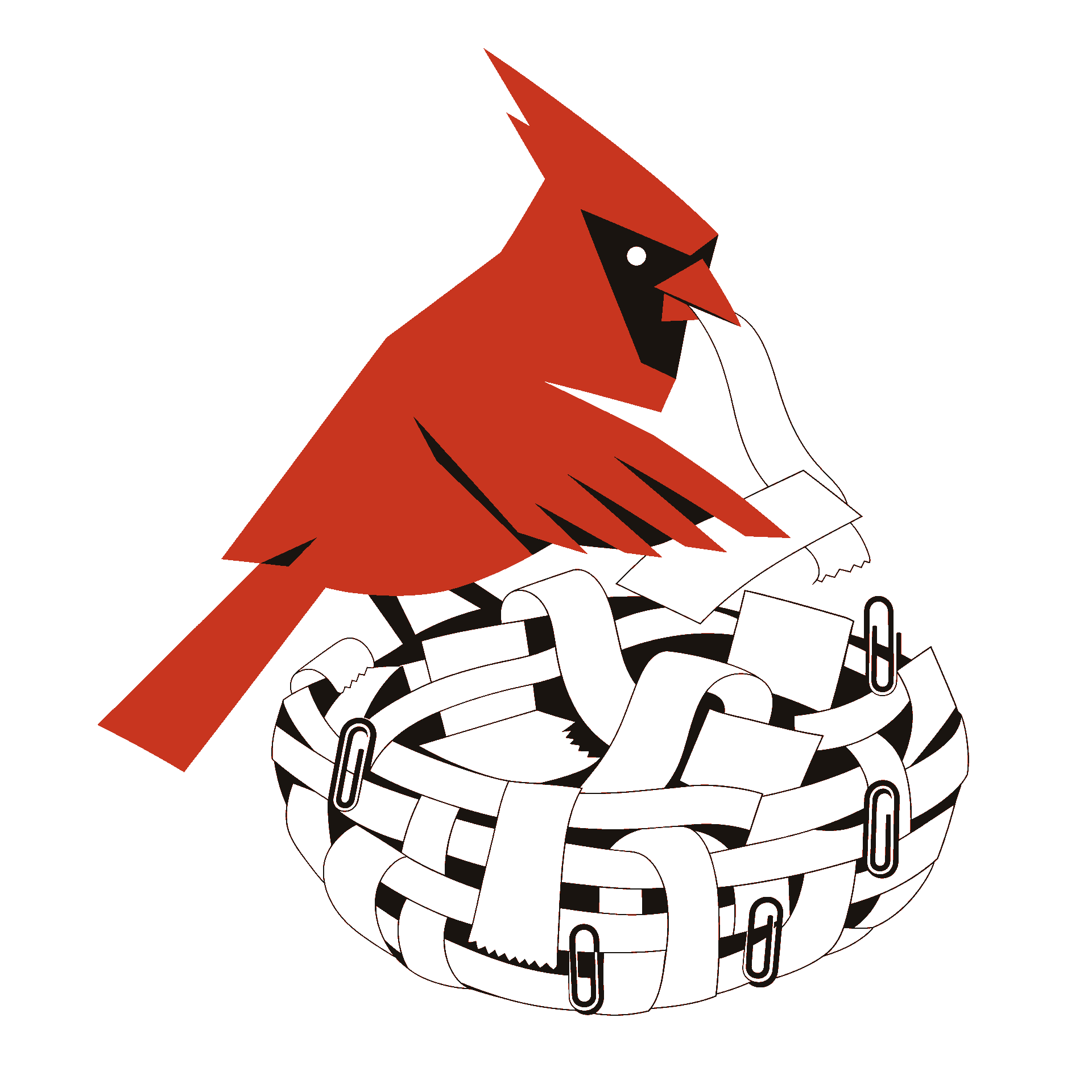 Illustration of a red bird weaving a nest out of receipts, paperwork and paperclips